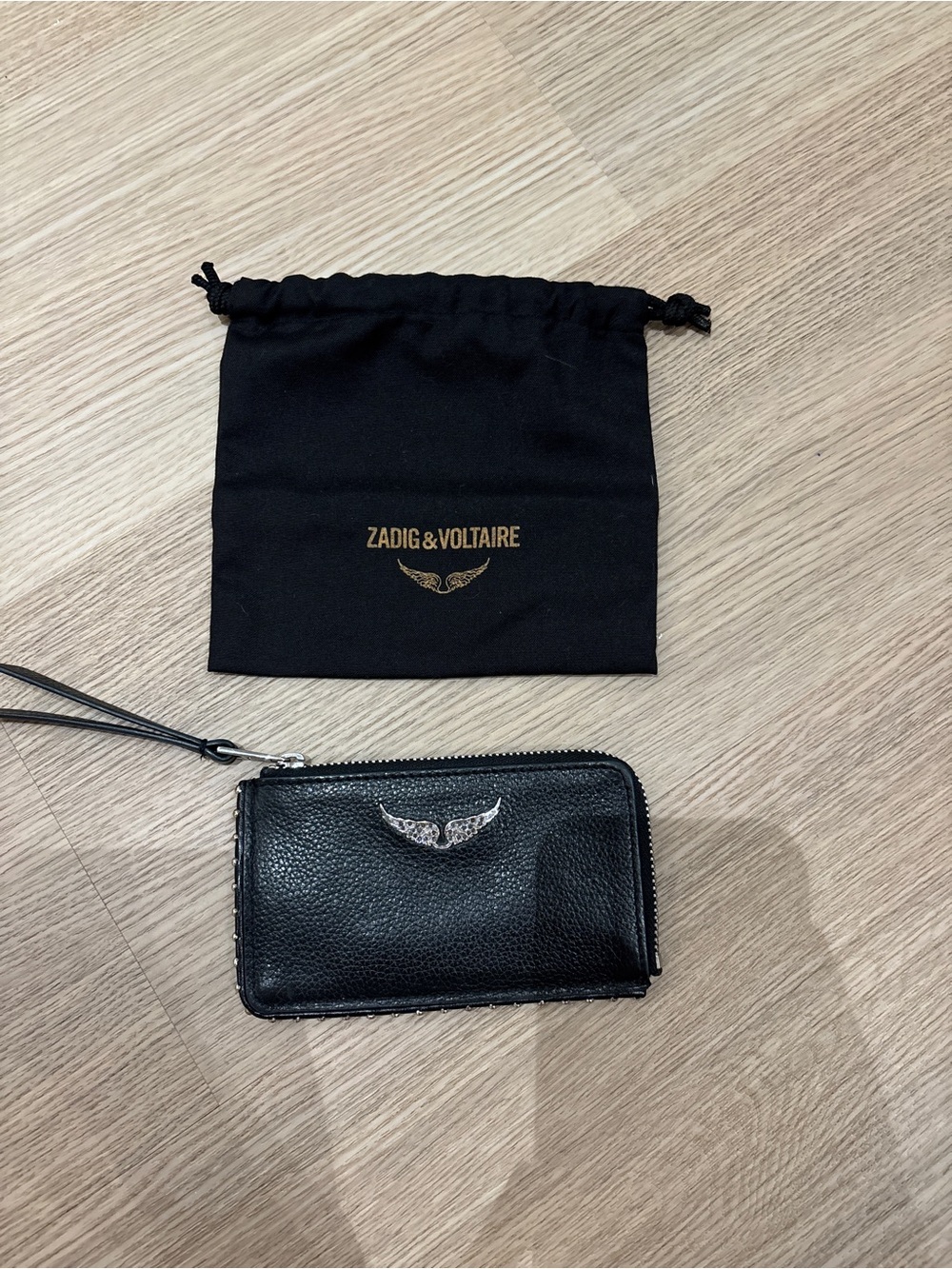 Zadig & Voltaire Black Leather Wallet Wristlet with Silver Wing Emblem